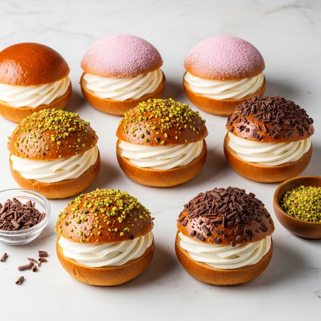 The image shows eight round, golden-brown buns with a smooth, shiny surface, each sliced open horizontally in the middle to reveal a thick layer of white cream filling. Three buns have cream dusted with fine pink powder on top, two have the cream topped with small green pistachio pieces, and two have chocolate shavings crowning the cream. The buns are placed on a softly textured white marbled surface. A small glass bowl with extra chocolate shavings and a wooden bowl containing chopped pistachios are visible nearby. Photo taken with an iphone --ar 4:5 --v 7