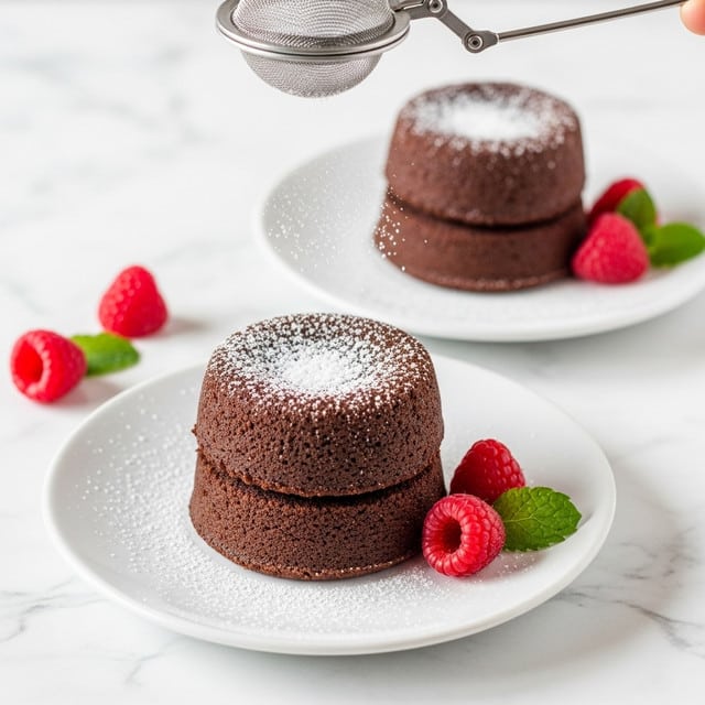 The image shows two small round chocolate lava cakes, each about two layers thick with a dense, dark brown outer crust and a slightly moist top surface dusted with powdered sugar. The cakes are served on white plates placed on a white marbled surface. Each plate has red raspberries and a small green mint leaf beside the cake, adding bright color contrast. A metal tea infuser is held above one cake, suggesting it is sprinkling powdered sugar. The lighting is bright and natural, highlighting the textures of the cake and fruit. photo taken with an iphone --ar 4:5 --v 7
