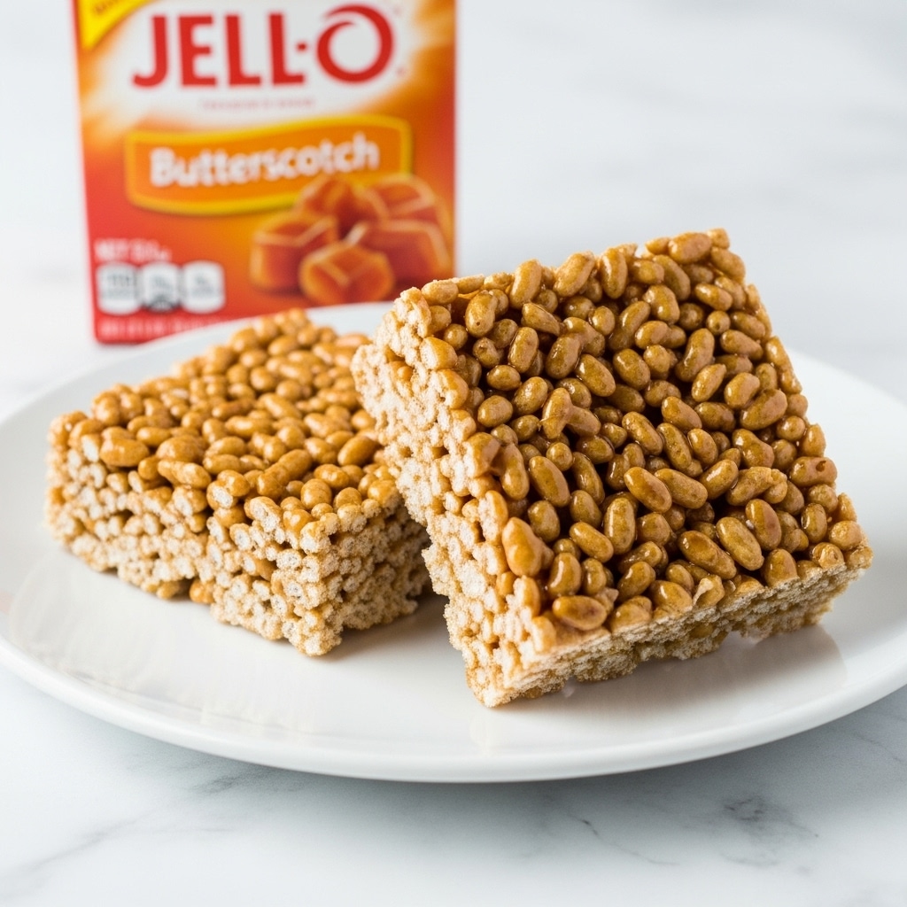 Two square rice cereal treats are placed on a white plate. The treats have a golden brown color with a textured surface made of puffed rice holding together with a glossy syrup. Behind the treats, there is a blurred box of JELL-O butterscotch gelatin mix. The background surface is a white marbled texture. photo taken with an iphone --ar 4:5 --v 7