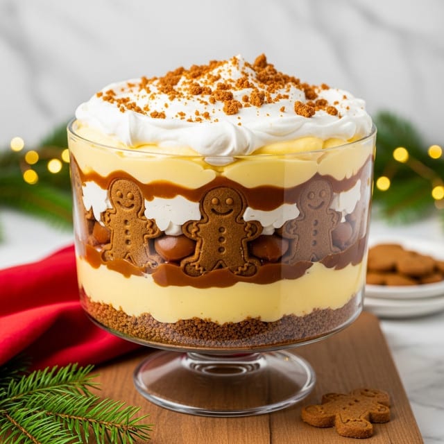 A clear glass trifle bowl shows a layered dessert starting at the bottom with a crumbly brown crust, topped by a thick yellow custard layer, followed by a rich caramel layer, then a fluffy whipped cream layer, and another caramel layer above that. Around the middle inside of the glass, gingerbread cookies shaped like people stand upright, nestled between the caramel and custard layers, showing their brown color and smiling faces. The top is covered with a thick, uneven layer of whipped cream, sprinkled with crushed gingerbread cookie crumbs. The bowl sits on a wooden surface with a red cloth and some green pine branches and yellow lights blurred in the background, all set on a white marbled texture. photo taken with an iphone --ar 4:5 --v 7