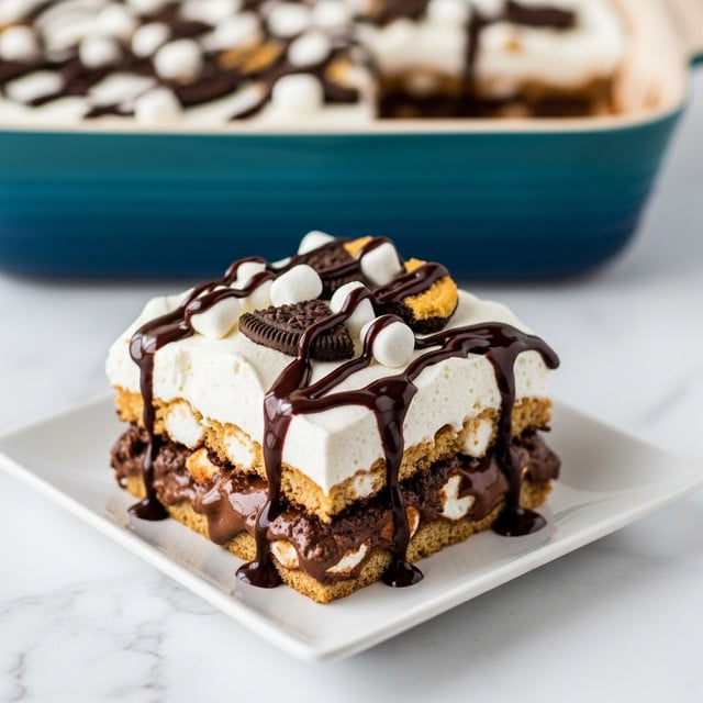 A square piece of dessert is on a white square plate over a white marbled surface. The dessert has multiple layers: a bottom layer of gooey melted chocolate mixed with marshmallows, followed by a thick white marshmallow cream layer, then a middle layer with a mix of chocolate and marshmallow bits, topped with a thick layer of marshmallow cream with mini marshmallows and crushed cookies scattered on top. Rich chocolate syrup is drizzled over the top, spilling down the sides. A large blue baking dish filled with more of the dessert is blurred in the background. photo taken with an iphone --ar 4:5 --v 7