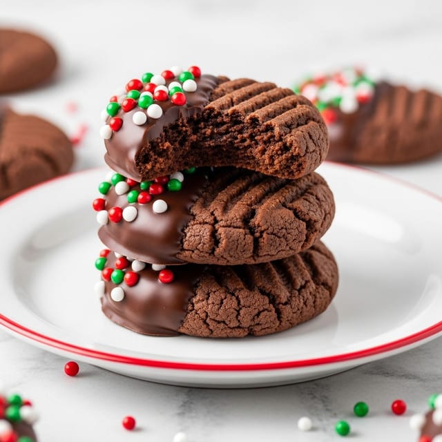 The image shows a stack of three chocolate cookies with a thick, ridged texture arranged on a white plate with a red rim. Each cookie is partially dipped in dark chocolate on one side, which has a smooth and glossy finish. The top cookie has a bite taken out of it, revealing a soft and crumbly inside. Small round sprinkles in red, white, and green colors decorate the chocolate-covered part of the top cookie. The background has a white marbled texture, and some red, white, and green sprinkles are scattered around on the surface. Photo taken with an iphone --ar 4:5 --v 7