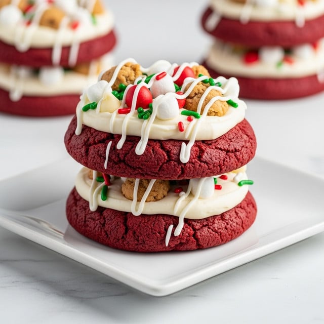 Two thick, round red velvet cookies are stacked on a square white plate on a white marbled surface. Each cookie has a rich red color with a soft, slightly cracked texture. The top cookie is covered with a thick layer of white frosting, decorated with small light brown cookie dough chunks, red, green, and white sprinkles, mini white chocolate chips, and small white marshmallows. White icing is drizzled over the top, creating thin lines across the decorations. In the background, more stacked cookies with similar decorations are blurred out slightly, adding depth to the image. Photo taken with an iphone --ar 4:5 --v 7