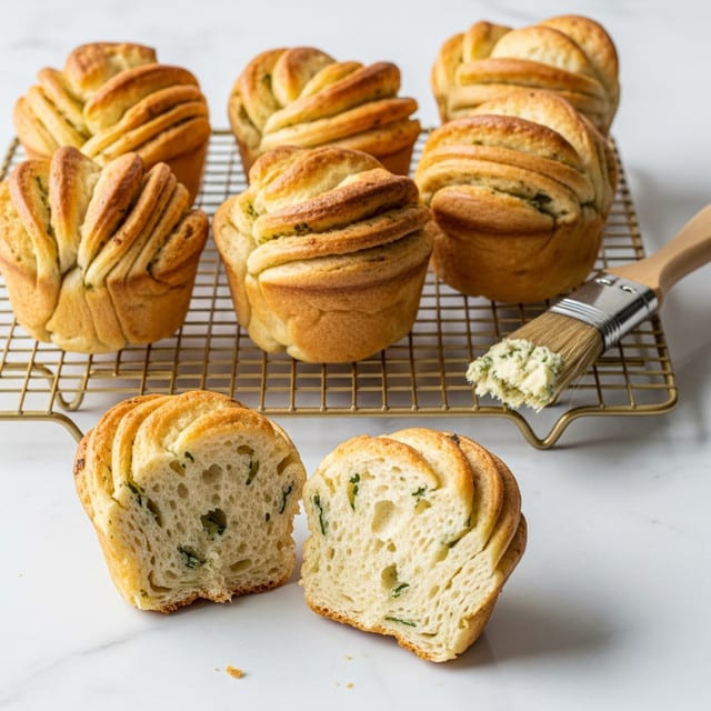 The image shows six small pull-apart bread loaves baked in muffin shapes, each with multiple golden brown layers that fan out slightly from the top, revealing a soft, fluffy interior speckled with green herbs. Two pieces are separated at the front, showing the soft inner texture more clearly with lighter, creamy-colored dough and visible green herb bits inside. The breads are placed on a gold wire cooling rack over a white marbled surface. On the right side, there is a wooden-handled brush with herb butter on its bristles resting on the surface. photo taken with an iphone --ar 4:5 --v 7