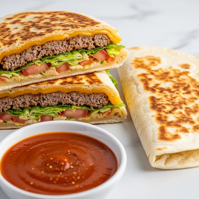 The image shows two halves of a grilled flour tortilla sandwich, stacked leaning on each other, with a crispy outer layer marked by toasted brown spots. Inside, the sandwich has four visible layers: a melted orange cheese layer close to the top, a dark brown cooked ground beef layer beneath it, followed by a light green lettuce layer mixed with small pieces of red tomato, all encased by the slightly soft beige tortilla. Next to the sandwich, there is a whole folded tortilla with the same toasted surface on a white marbled texture. In front, a white bowl holds a smooth, deep red sauce with a single small spot of seasoning floating on the surface. Photo taken with an iphone --ar 4:5 --v 7