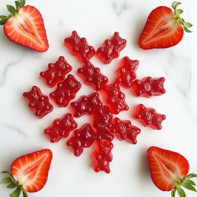 The image shows a group of small, red gummy bears scattered loosely across a white marbled surface. The gummy bears are glossy and translucent, with light reflecting off their smooth texture, highlighting their bear-shaped details. Around the gummy bears, there are three bright red strawberry halves positioned near the edges, displaying their juicy and slightly textured inside with seeds visible on the surface. The overall look is bright and clean with a contrast between the red gummies and strawberries against the white marbled background. photo taken with an iphone --ar 4:5 --v 7