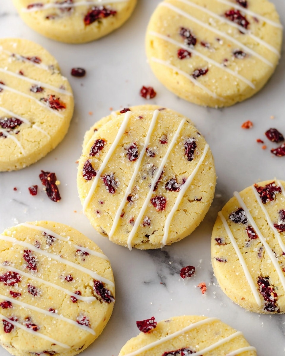 The image shows several round cookies placed on a white marbled surface. Each cookie is light yellow and mixed evenly with small dark red cranberry pieces scattered throughout. Some cookies have three thin white icing lines drizzled diagonally across their tops, which add a slight shine and texture contrast. Sprinkled sugar crystals can be seen on the iced parts of the cookies, giving a bit of sparkle. The cookies appear soft and crumbly with a smooth top and slightly rough edges. Photo taken with an iphone --ar 4:5 --v 7
