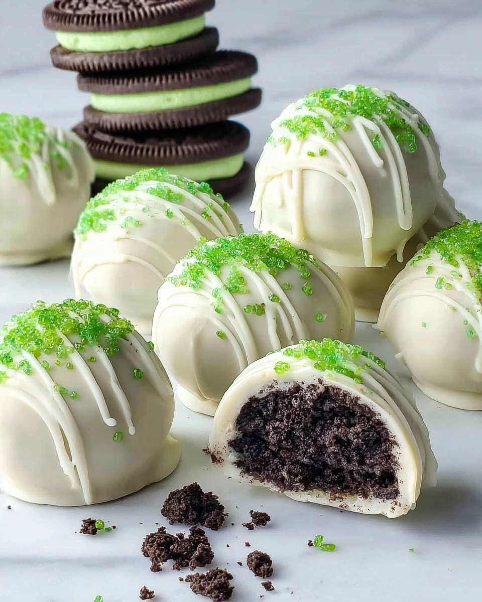 The image shows a group of round cake balls coated in smooth white chocolate with green sugar sprinkles on top. Each ball has a dark chocolate core inside, as seen in one cake ball that is bitten into the front. Some cake balls have an extra thin white drizzle decoration on their top. Behind the balls, there is a stack of dark round sandwich cookies with a thick pale green cream filling, and one cookie laid upright leaning on the stack. All items rest on a white marbled surface. photo taken with an iphone --ar 4:5 --v 7