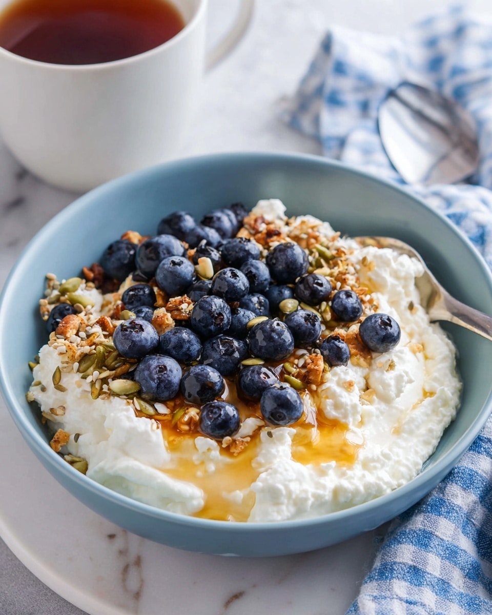 A light blue bowl filled with three main layers: the bottom layer is white soft cottage cheese with a creamy texture, the middle layer is a drizzle of golden honey seen on the white cheese, and the top layer has a mix of shiny, plump dark blue blueberries scattered alongside crunchy granola with seeds and small nuts, adding texture and color contrast. The bowl sits on a white marbled surface, with a white cup of dark brown tea in the background, and a folded blue and white checkered cloth beside it. Photo taken with an iphone --ar 4:5 --v 7