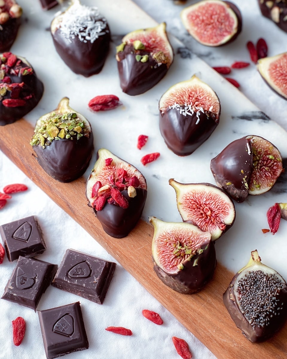 The image shows multiple halves of fresh figs arranged on a white marbled surface and wooden boards. Each fig half is dipped halfway in dark chocolate, creating a smooth, shiny deep brown layer on one side, while the other side shows the soft, pink-pale inner flesh with small seeds. The chocolate portions are decorated with different toppings: small white coconut flakes, bright red dried berries, tiny black chia seeds, green powder sprinkles, and small dark cacao nibs. Around the figs, there are chunks of dark chocolate with small heart imprints and scattered dried red berries on a white cloth background. photo taken with an iphone --ar 4:5 --v 7