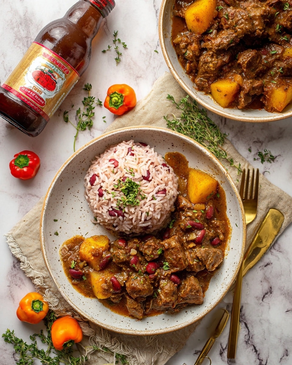A large white pot filled with a rich, dark brown stew made of chunky pieces of tender meat and golden-yellow potato chunks. The stew has a thick, textured sauce coating each piece, with some visible herbs like thyme scattered on top. The pot shows some sauces stains around the sides, adding to the rustic look, and a black spoon rests inside. Below the pot on a white marbled surface, there are a few small red and yellow peppers along with sprigs of fresh herbs nearby. photo taken with an iphone --ar 4:5 --v 7