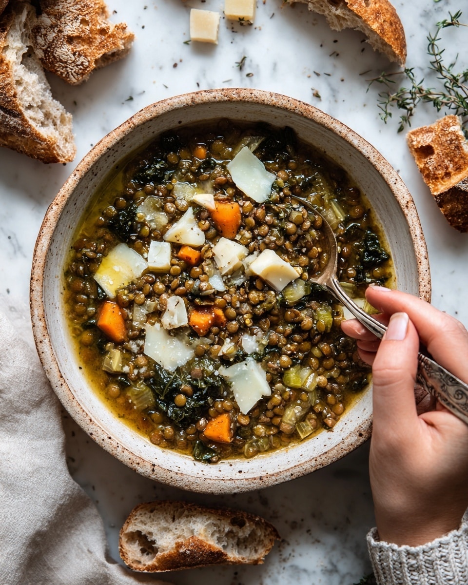 A rustic bowl filled with thick lentil soup showing visible layers of green leafy vegetables, orange carrot chunks, and soft brown lentils, topped with thin white cheese slices scattered over the surface, with a silver spoon partially dipped into the soup. The bowl has speckled, uneven edges and a natural, earthy color. Around the bowl are pieces of torn crusty bread resting on a white marbled surface. A woman's hand holds the spoon. photo taken with an iphone --ar 4:5 --v 7