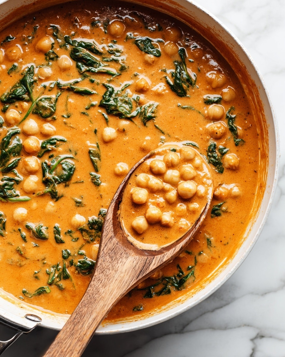 The image shows a close-up of a pan filled with a thick, creamy orange sauce mixed with whole chickpeas and pieces of wilted green spinach evenly spread throughout. A wooden spoon is dipped into the sauce, holding a scoop of the mixture, which has a shiny, smooth texture. The pan is white inside and placed on a white marbled surface. photo taken with an iphone --ar 4:5 --v 7