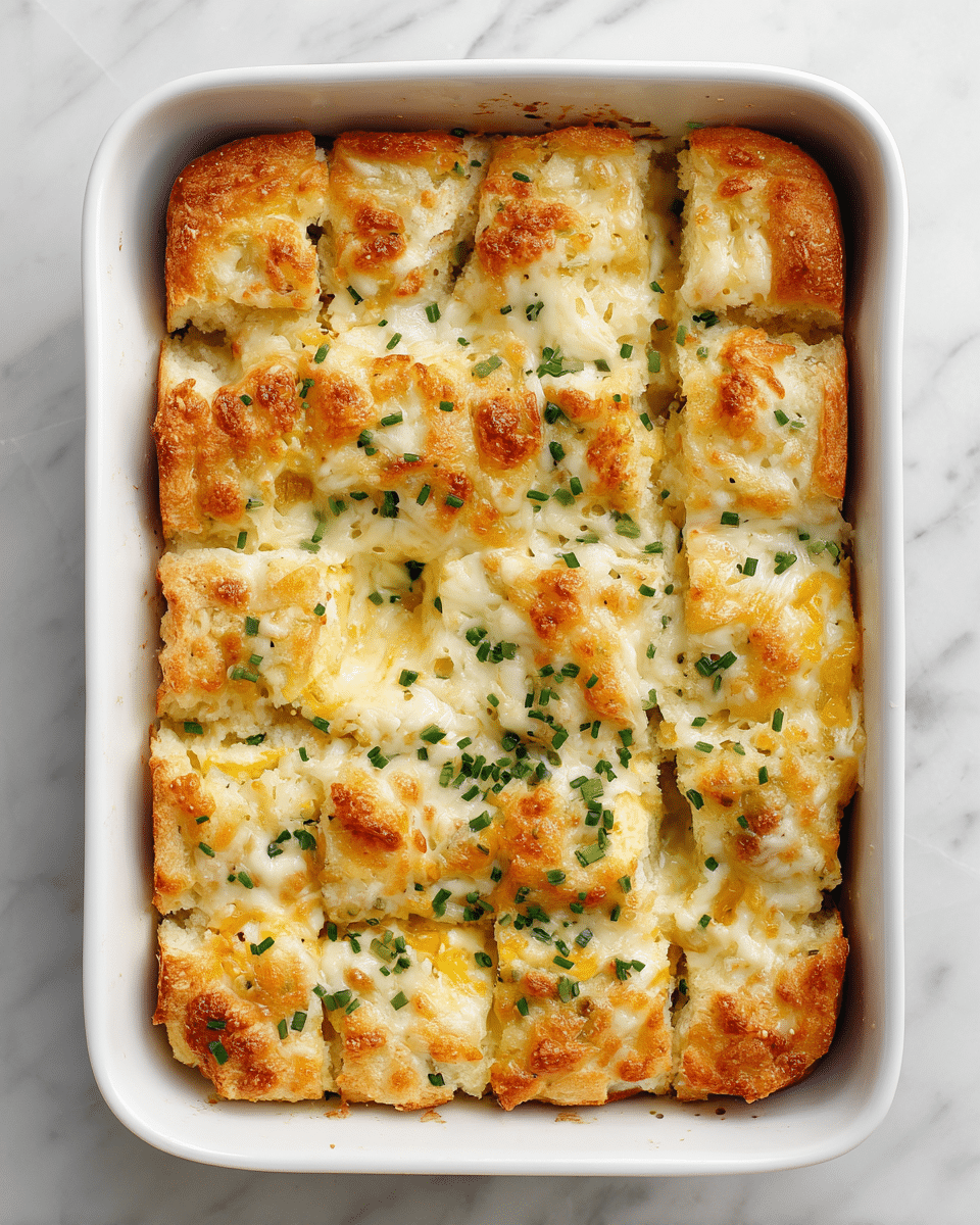 A rectangular white baking dish filled with a golden brown baked casserole cut into a grid of square pieces, featuring a top layer of melted cheese that is bubbly and slightly browned in spots. The cheese layer shows gooey, stretchy textures with a mix of creamy white and golden yellow colors. Small green chopped chives are sprinkled evenly across the top, adding a fresh pop of color. Underneath the cheese layer, the casserole appears to have a soft, slightly uneven texture with hints of light yellow and white, suggesting layers of eggs or a similar base. The dish rests on a white marbled surface. photo taken with an iphone --ar 4:5 --v 7
