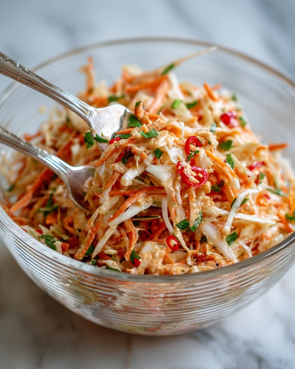 A close-up of a glass bowl filled with a colorful shredded salad. The base layer is made up of thin, off-white shredded cabbage mixed with some thin orange carrot strips. Scattered throughout are small pieces of fresh green herbs and sliced red chili peppers. A creamy, light brown dressing coats the ingredients, giving them a slight shine. Two silver forks are placed inside the bowl, lifting some of the salad. The bowl sits on a white marbled texture. photo taken with an iphone --ar 4:5 --v 7