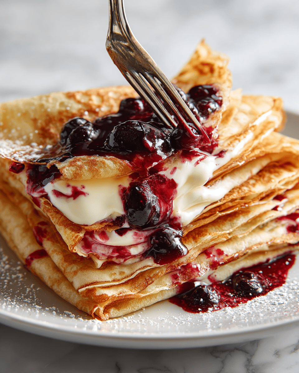 A white plate holds three folded golden brown crepes stacked evenly, each showing a delicate, slightly crispy texture with light spots and edges. On top of the crepes, there is a thick layer of smooth white cream that looks soft and fluffy, crowned with a generous spoonful of chunky, deep red berry jam that spills slightly onto the plate. Nearby, a white jug contains more dark syrup, and a small white bowl filled with berry jam sits to the side, all set on a white marbled surface. A silver fork rests at the bottom right of the plate beside a white cloth with blue stripes. photo taken with an iphone --ar 4:5 --v 7