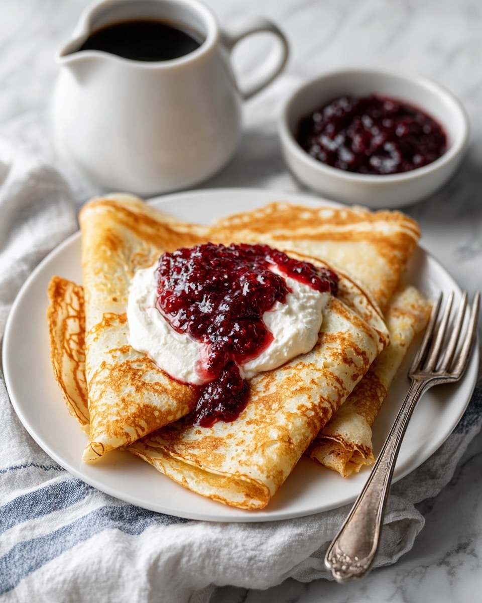 A close-up of folded crepes stacked in three layers, with a light golden brown color and soft texture. Between the crepe layers, there is a mix of creamy white sauce and deep red berry jam, with whole dark berries visible, letting the sauce drip slightly down the sides. A silver fork is picking up part of the crepes, pressing into the soft layers and some berry filling. The dish is served on a white plate over a white marbled surface. photo taken with an iphone --ar 4:5 --v 7