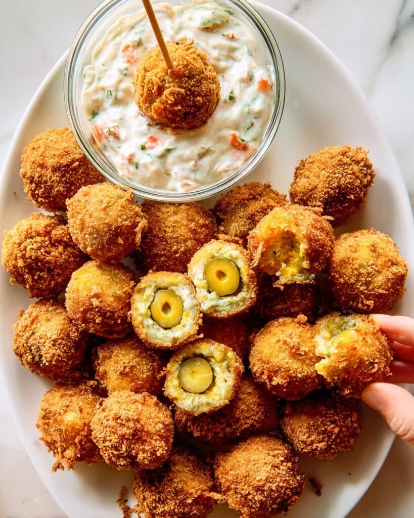 Pimento Cheese Fried Olives with Garlic-Pimento Mayonnaise Recipe