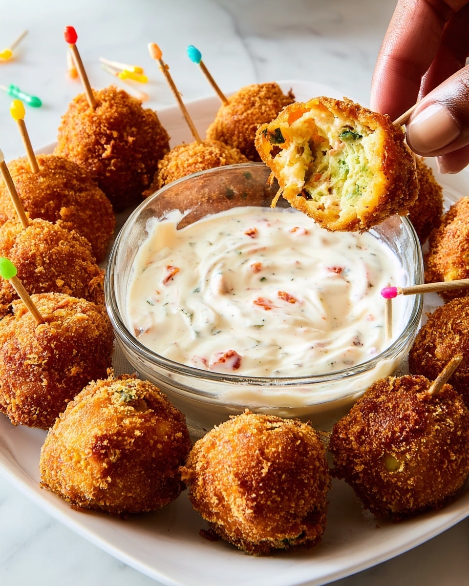 A white square plate filled with many round, golden-brown crispy fried bites. One of the fried bites is skewered with a toothpick, held by a woman's hand, and being dipped into a small clear glass bowl of thick creamy white sauce with visible small red and green bits mixed inside. Some bites show a cross-section revealing a green inside with a creamy filling. The plate sits on a white marbled surface with extra toothpicks with colorful ends around it. Photo taken with an iphone --ar 4:5 --v 7