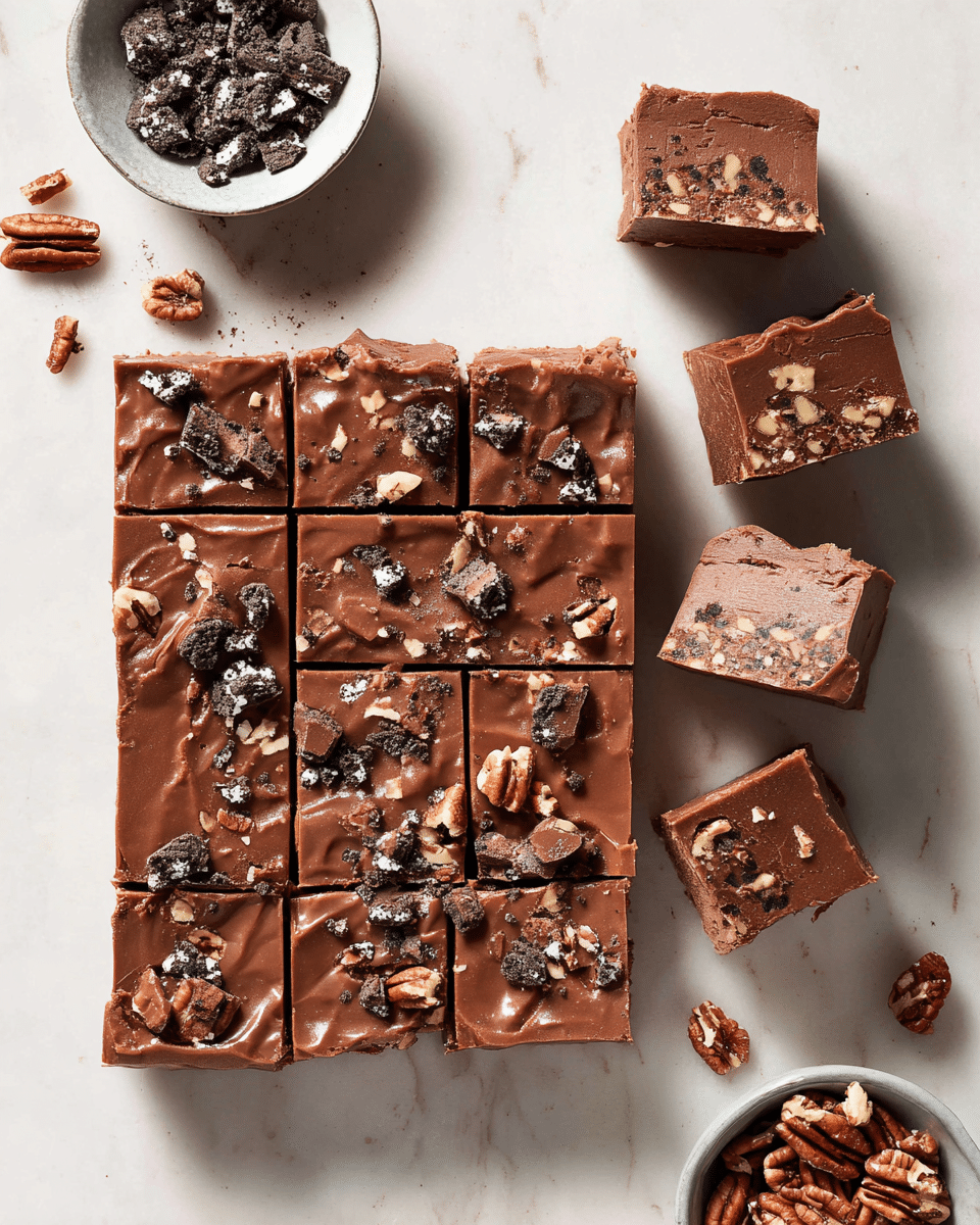 The image shows a large rectangular slab of chocolate fudge with a smooth, glossy surface dotted with crushed Oreo cookies and pecan pieces. The fudge is cut into nine neat square pieces at the bottom left, each square showing the same rich chocolate color and toppings. To the right of the cut squares, three fudge pieces are stacked, revealing the thick, dense texture inside with visible pecan chunks. Around the fudge, small bowls contain more pecan nuts and broken Oreo pieces, placed on a white marbled surface. Photo taken with an iphone --ar 4:5 --v 7