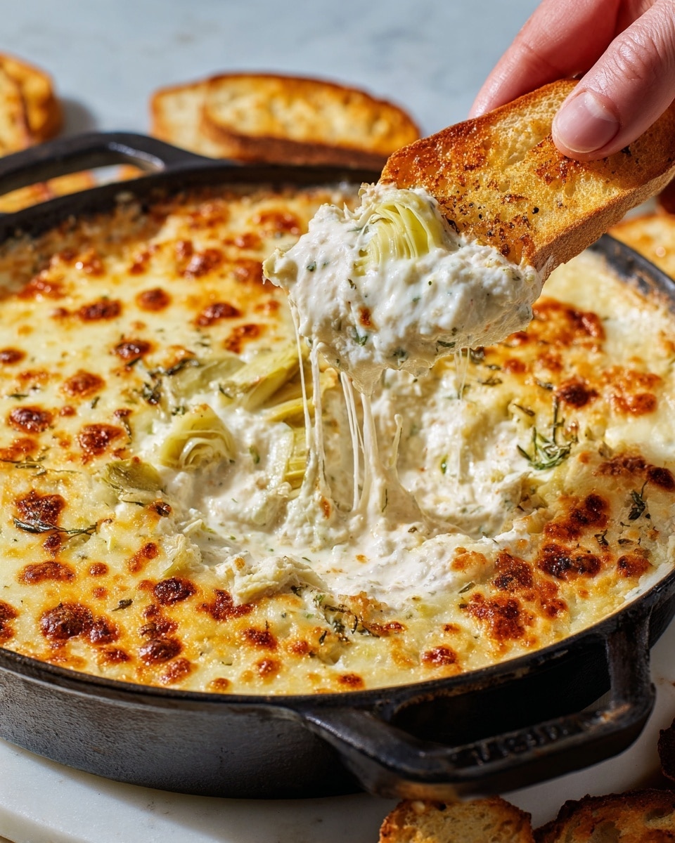 A close-up of a black cast iron pan filled with a thick, creamy dip topped with a golden brown melted cheese layer that has small browned spots. Underneath the cheese is a white, smooth mixture with visible chunks and some artichoke pieces. A woman's hand is holding a toasted, light golden brown bread slice dipped in the creamy mixture, with stretchy melted cheese strings connecting the bread to the pan. The pan is placed on a white marbled surface with some extra toasted bread slices nearby. photo taken with an iphone --ar 4:5 --v 7