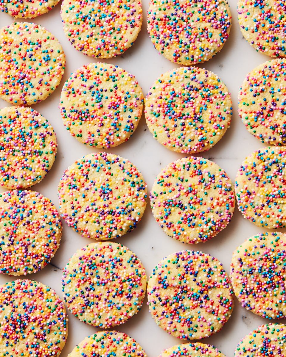 A flat lay of about twenty round sugar cookies arranged in rows on a white marbled surface, each cookie has a light golden-yellow base with a slightly crumbly texture, and the entire top surface is covered with tiny round multicolored sprinkles in shades of red, blue, green, purple, pink, yellow, orange, and white, creating a festive and colorful pattern. photo taken with an iphone --ar 4:5 --v 7
