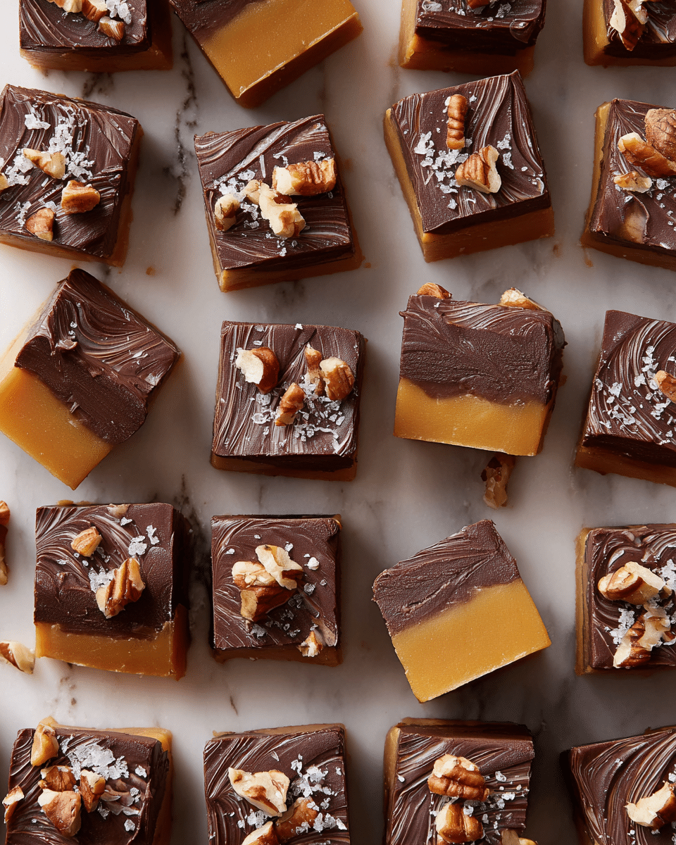 The image shows many square caramel candies arranged neatly on a white marbled surface. Each candy has three layers: a bottom rich golden caramel layer, a middle smooth dark brown chocolate layer, and a topping of either chopped pecans or flakes of sea salt scattered across the chocolate. Some candies have a swirl pattern on the chocolate top, while others are crowned with more nuts, creating a varied texture. A few candies are tilted or stacked, showing the clear separation of the caramel and chocolate layers. photo taken with an iphone --ar 4:5 --v 7