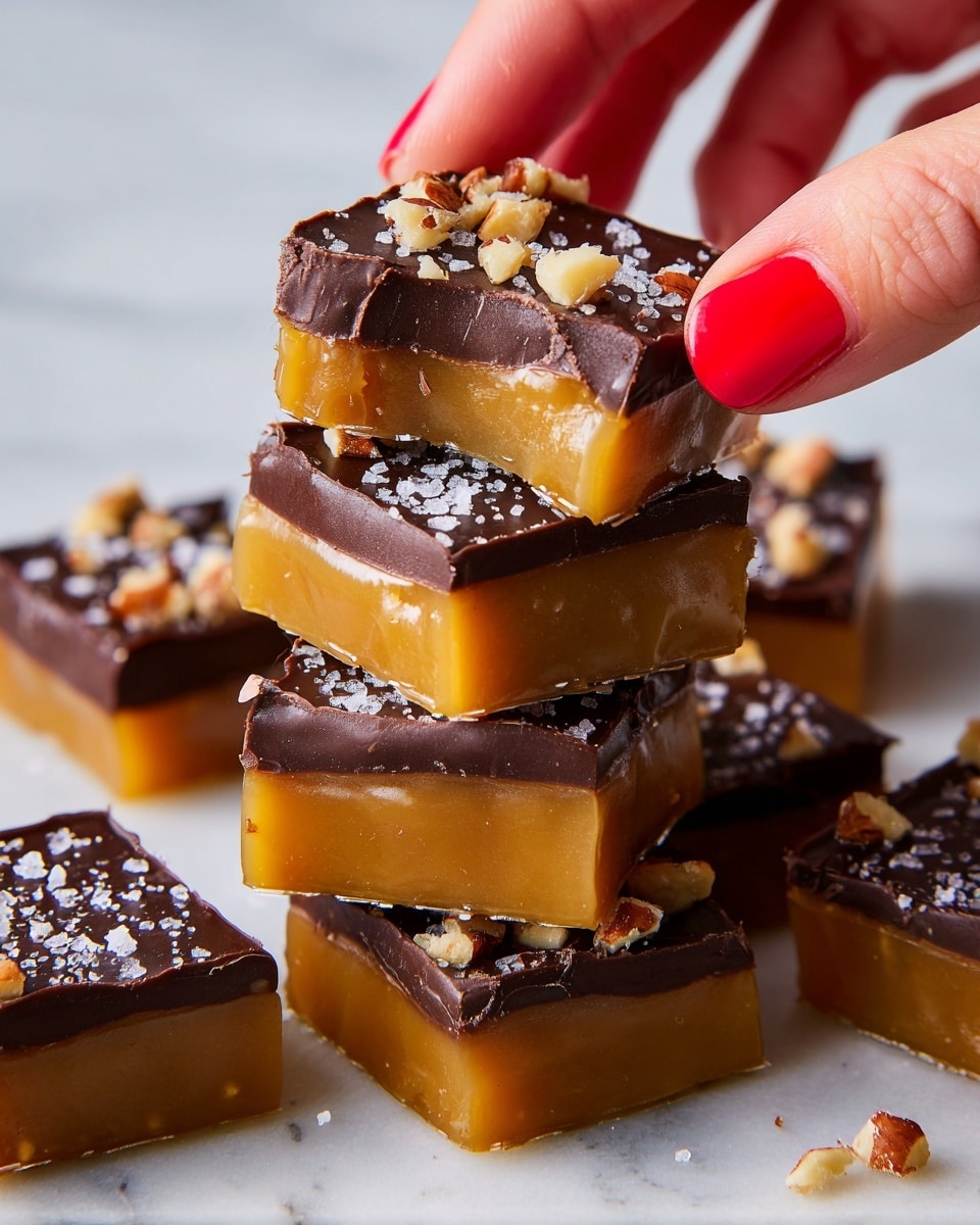 A stack of square caramel candies with two clear layers is shown on a white marbled surface. The bottom layer is golden caramel with a smooth, glossy texture, while the top layer is dark chocolate with a slightly uneven surface sprinkled with coarse sea salt. One candy on top has chopped nuts scattered on the chocolate layer. A woman's hand with bright red painted nails is picking up one piece from the stack, highlighting the shiny and rich textures of both layers. The overall look is rich and inviting with a focus on the contrast between the soft caramel and firm chocolate photo taken with an iphone --ar 4:5 --v 7