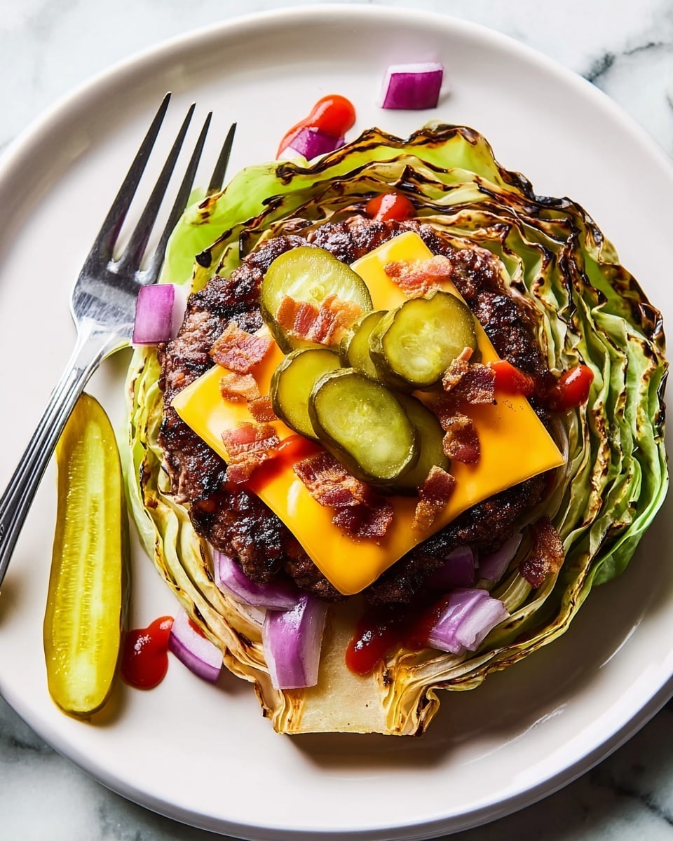 A white plate holds a dish starting with a large, round, roasted cabbage slice with charred green edges forming the bottom layer. On top rests a cooked dark brown beef patty, layered with a square slice of bright orange cheddar cheese. Above the cheese are several green pickle slices, sprinkled with small pieces of crisp bacon and finely chopped purple onion. Mustard and ketchup are drizzled over the top in thin lines. A fork lies on the left side of the plate next to a pickle slice, all set on a white marbled surface. Photo taken with an iphone --ar 4:5 --v 7