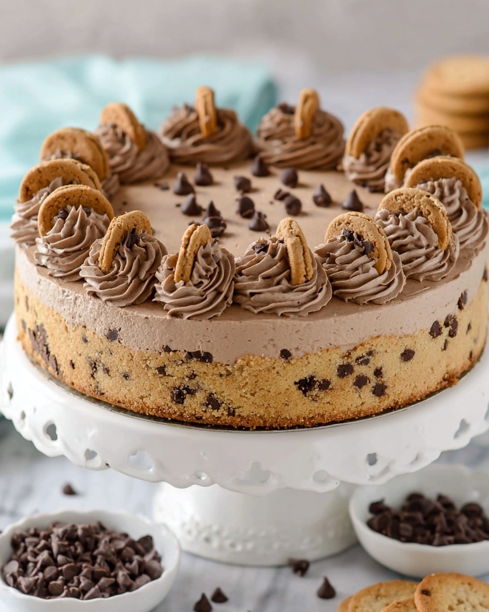 A slice of cookie dough cheesecake sits on a white plate with a scalloped edge. The bottom layer is thick cookie dough filled with chocolate chips, topped with a creamy, light brown cheesecake layer that also has small bits of cookie dough mixed inside. The top has swirls of smooth chocolate frosting artfully piped around the edge, sprinkled with tiny chocolate chips and chocolate sprinkles. Two small chocolate chip cookies are placed upright in the frosting at the back of the slice. There is a drizzle of chocolate sauce on the plate beneath the cake. The background shows a white marbled surface with soft, out-of-focus elements in light colors. Photo taken with an iphone --ar 4:5 --v 7