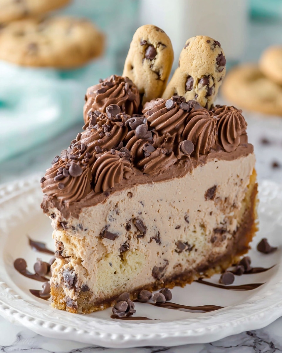 The image shows a round cake on a white scalloped edge cake stand, placed on a white marbled surface. The bottom layer is a thick, golden-brown cookie crust with visible chocolate chips, giving it a crumbly texture. On top of this is a smooth, light brown chocolate cream layer that covers the whole cake. Around the edge of the cake, there are swirls of darker brown chocolate frosting, with small, rectangular chocolate chips sprinkled over both the top surface and the frosting swirls. Mini chocolate chip cookies are placed vertically between each swirl around the edge and also encircle the base of the cake, pressed gently into the frosting. In the background, there are small white bowls filled with chocolate chips and mini cookies on the white marbled surface. Photo taken with an iphone --ar 4:5 --v 7