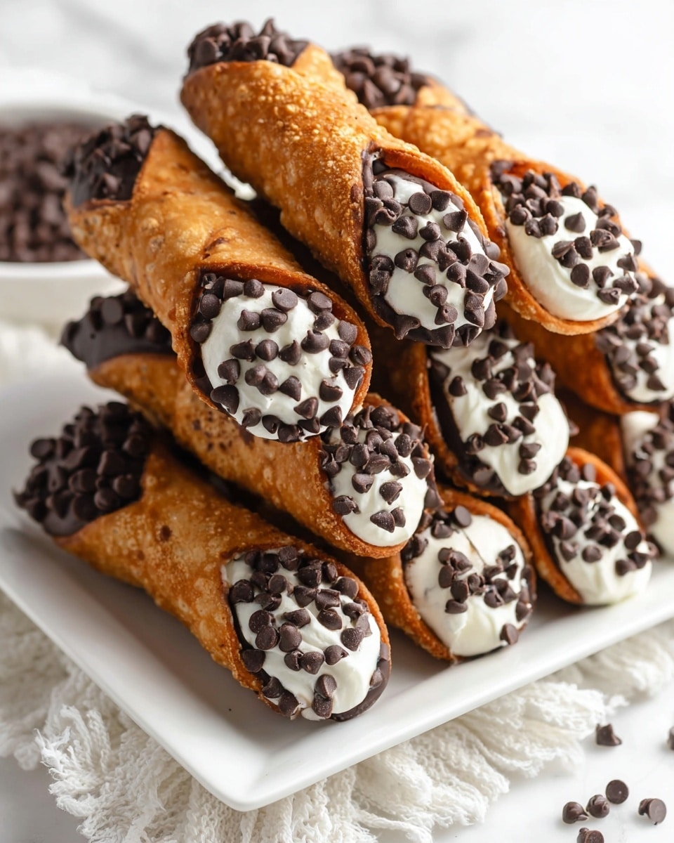 A stack of golden brown cannoli shells filled with smooth white cream is arranged on a glossy white rectangular plate, placed on a white marbled surface with a white textured cloth underneath. Each cannoli is dipped in dark chocolate on both ends and generously sprinkled with small, dark chocolate chips that cover the cream filling edges. The shells have a crispy texture with a slight crinkle, and the cream filling looks soft and creamy, contrasting with the crunchy dark chocolate and chocolate chips. Photo taken with an iphone --ar 4:5 --v 7