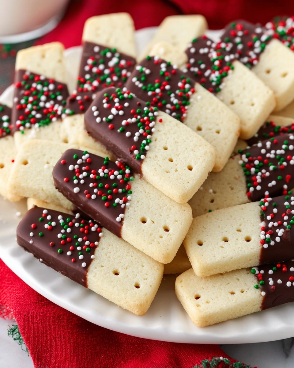 The image shows a white plate filled with several shortbread cookies arranged in neat layers. Each cookie is rectangular with small, evenly spaced holes on the top surface and a light golden color. One corner of each cookie is dipped in dark chocolate, creating a smooth, shiny coating that contrasts with the pale dough. On the chocolate-dipped parts, small round sprinkles in red, green, and white are scattered, adding a festive touch. The plate rests on a white marbled surface, with a red cloth napkin underneath it and a small bowl of similar sprinkles placed nearby. photo taken with an iphone --ar 4:5 --v 7