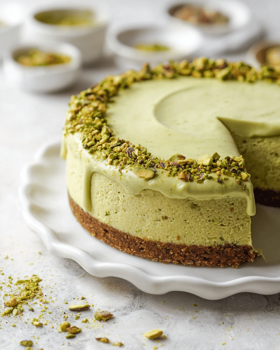 A round, thick pistachio cheesecake with three layers sits on a white plate with a wavy edge; the bottom crust layer is brown and crumbly, the middle cheesecake layer is dense and pale green, and the top layer is a smooth, light green frosting with a slightly creamy texture. The frosting spreads evenly over the top and sides, dripping a little on the edges. Crushed pieces of green pistachios are sprinkled along the rim of the top in a decorative ring. The white marbled surface beneath the plate has small pistachio bits scattered around, and blurred bowls with ingredients sit softly in the background. Photo taken with an iphone --ar 4:5 --v 7