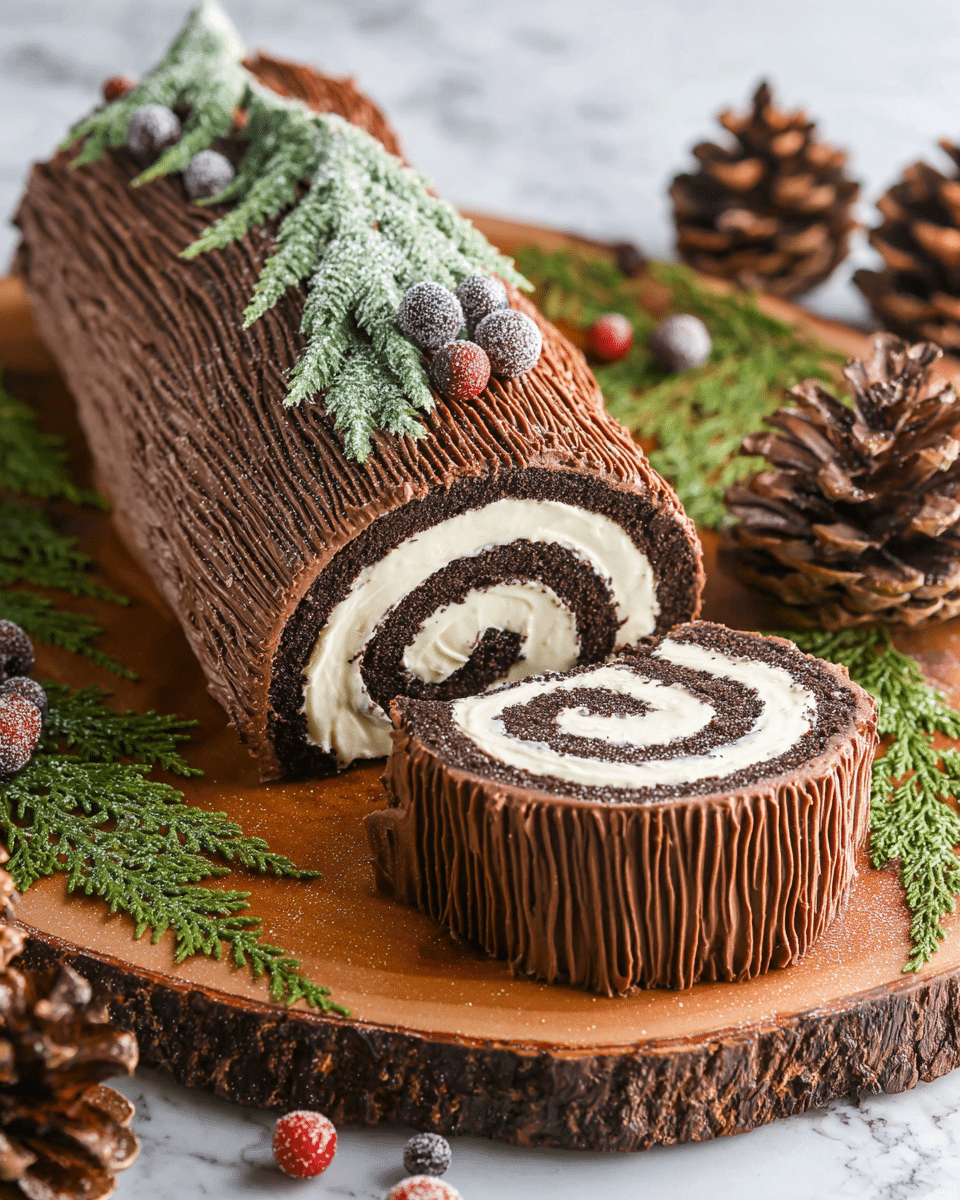 The image shows a chocolate Yule log cake with two main parts—one large roll and a smaller log attached on the side. The cake has three visible layers: a dark brown chocolate sponge cake rolled with a creamy white filling, all covered by a thick layer of textured brown chocolate frosting that looks like tree bark with fine lines running along it. The cake is decorated with green frosted sprigs and red and purple frosted berries scattered on top and around it. This setup sits on a round wooden board surrounded by pinecones and more decorations, against a white marbled texture. Photo taken with an iphone --ar 4:5 --v 7