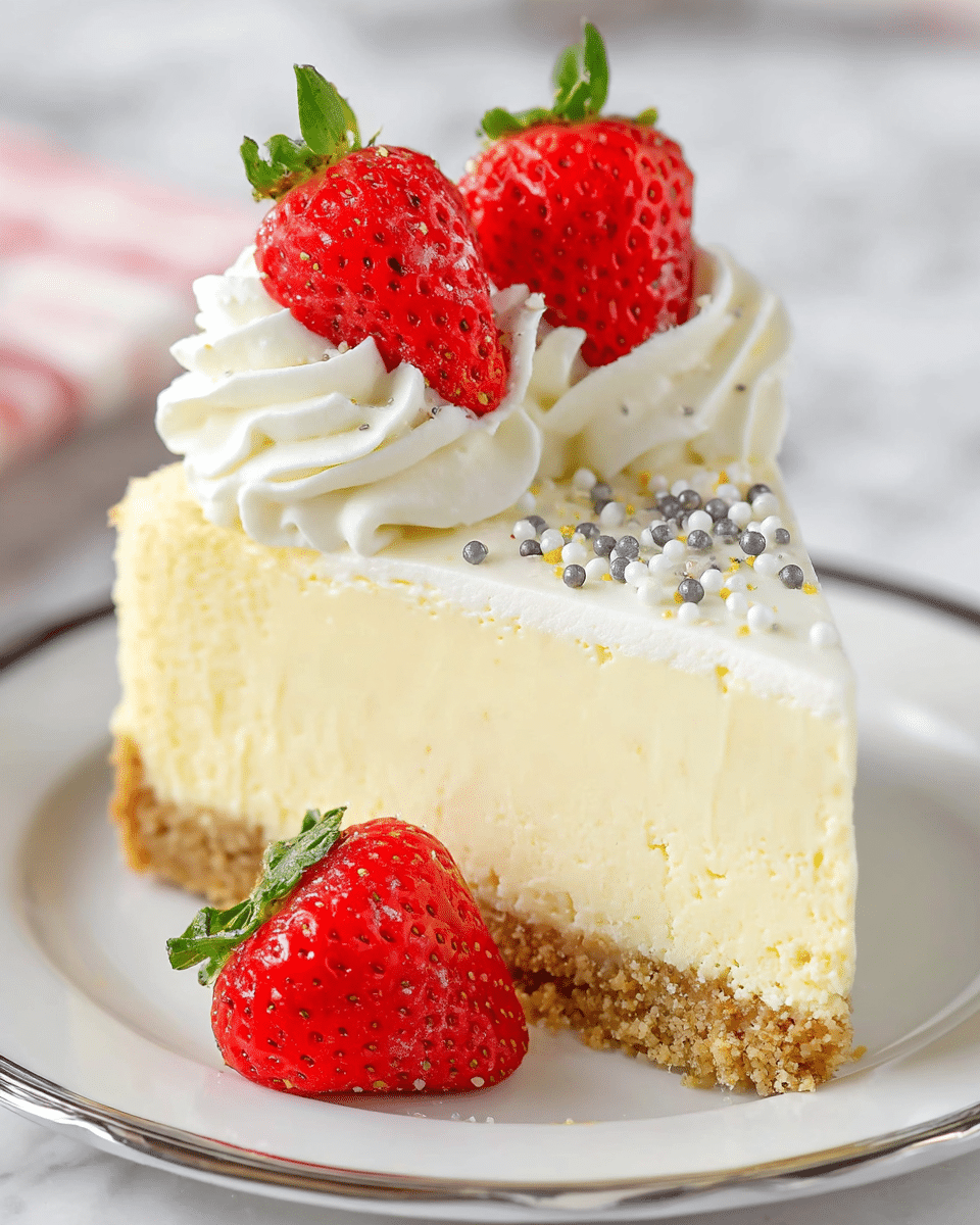 A slice of creamy cheesecake with three visible layers is on a white plate with a silver rim. The bottom layer is a light brown, crumbly crust. The middle layer is thick and pale yellow, smooth and dense. The top layer is white whipped cream, piped into two swirls that each hold a bright red strawberry with green leaves. Small white and gray round sprinkles are scattered on the whipped cream and plate. One half strawberry lies flat at the base of the slice. The setting has a white marbled surface in the background. photo taken with an iphone --ar 4:5 --v 7