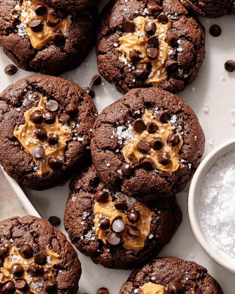 The image shows several thick, round chocolate cookies with a rough texture, each topped with a swirl of light brown peanut butter and many shiny dark chocolate chips scattered on top, some slightly melted. The cookies have a soft, cracked surface with small flakes of white sea salt sprinkled over them, adding a contrast in texture and color. A white bowl filled with coarse sea salt sits in the lower right corner, all placed on a white marbled surface. photo taken with an iphone --ar 4:5 --v 7