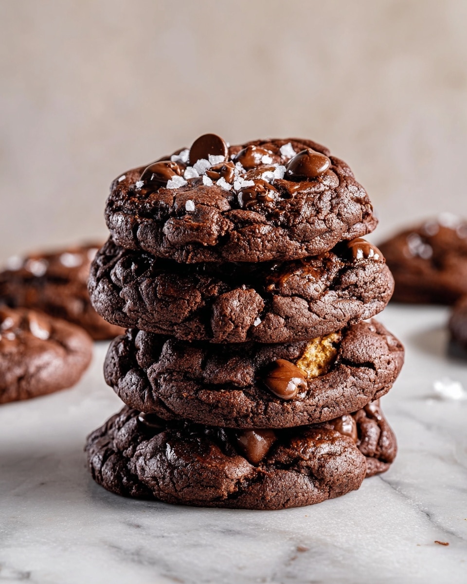 A stack of four thick, rich chocolate cookies sits on a white marbled surface, each cookie dark brown with a cracked and slightly rough texture. The top cookie shows scattered glossy chocolate chips and small flakes of white salt, with a patch of warm golden-brown dough visible near the center. The cookies are dense and chunky, with chocolate chips embedded throughout the layers, and a soft, chewy appearance. In the background, blurred chocolate cookies rest on a white marbled surface, enhancing the focal stack’s texture and color contrast. Photo taken with an iphone --ar 4:5 --v 7