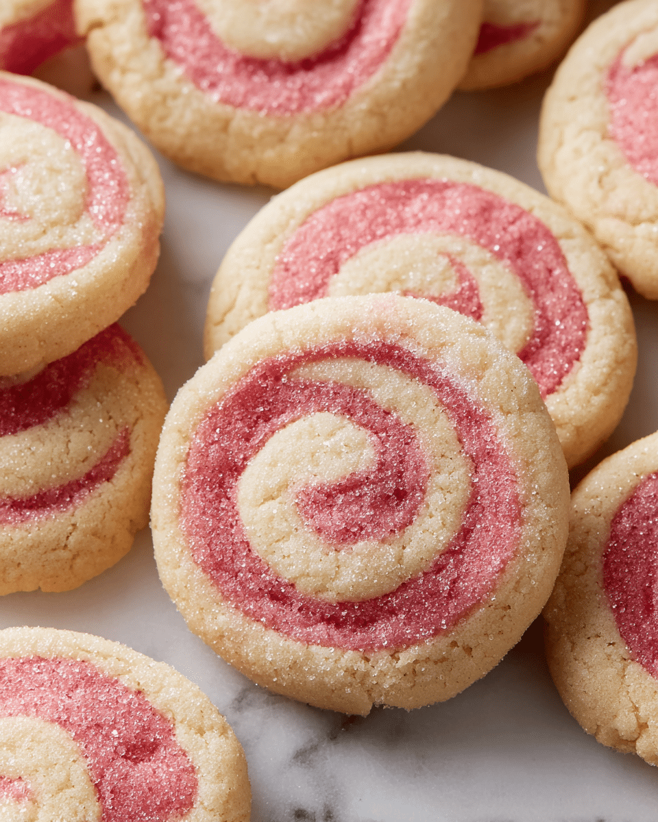 The image shows a close-up of several round swirl cookies arranged closely together on a white marbled surface. Each cookie has two layers: a pale beige layer and a soft pink swirl layer, creating a spiral pattern on the top. The texture looks slightly crumbly and soft, with sugar crystals sprinkled on the surface, giving a subtle sparkle. The cookies are slightly thick and have a smooth yet slightly rough feel due to the sugar. Photo taken with an iphone --ar 4:5 --v 7