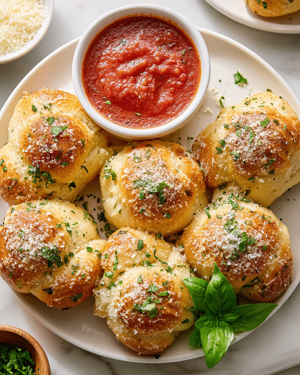 A white plate holds eight golden brown garlic knots, each with a soft, shiny texture and topped with finely chopped green parsley and a light layer of grated parmesan cheese. In the middle of the plate is a small white bowl filled with chunky red marinara sauce. Two fresh green basil leaves lie to the side under some knots. The plate rests on a white marbled surface, and nearby are a partial white bowl of grated cheese and a small wooden bowl with extra chopped parsley. The light highlights the soft texture and details of the garlic knots. photo taken with an iphone --ar 4:5 --v 7