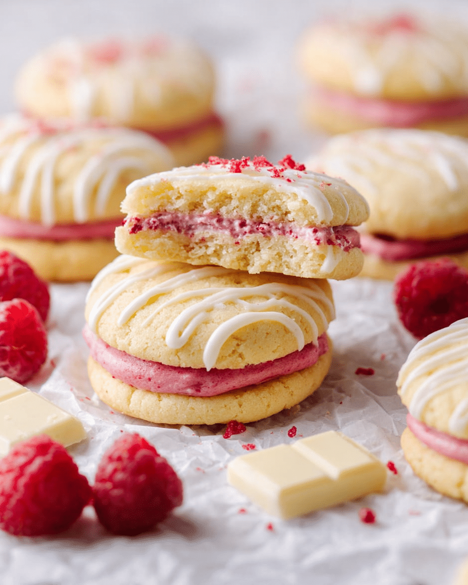 The image shows round sandwich cookies with two light golden layers that look soft and crumbly. Between the layers is a bright pink filling, smooth and creamy. The top cookie layer is decorated with thin white icing lines and small red crumbs scattered on top. Around the cookies, there are a few fresh red raspberries and pieces of white chocolate. The cookies rest on crumpled white paper, placed on a white marbled surface. photo taken with an iphone --ar 4:5 --v 7