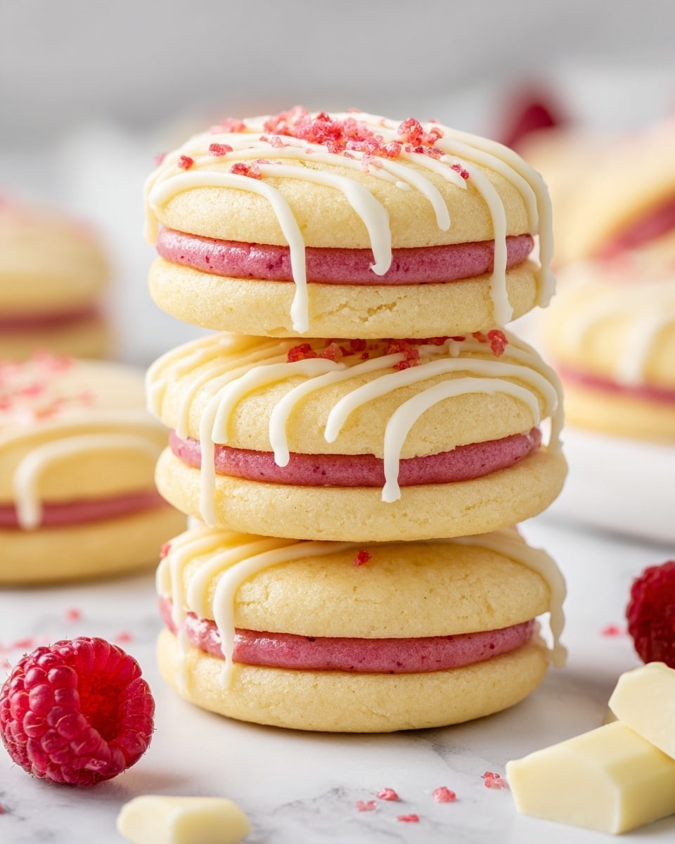 A stack of three soft, light yellow sandwich cookies sits centered on a white marbled surface; each cookie consists of two round, slightly domed layers with a smooth, bright pink cream filling in the middle. The top cookie layers are decorated with drizzles of white icing forming thin lines, and scattered small red crumbs add texture on top. A single fresh raspberry and some white chocolate pieces lie close by, with additional cookies blurred in the background, all on the white marbled texture. photo taken with an iphone --ar 4:5 --v 7