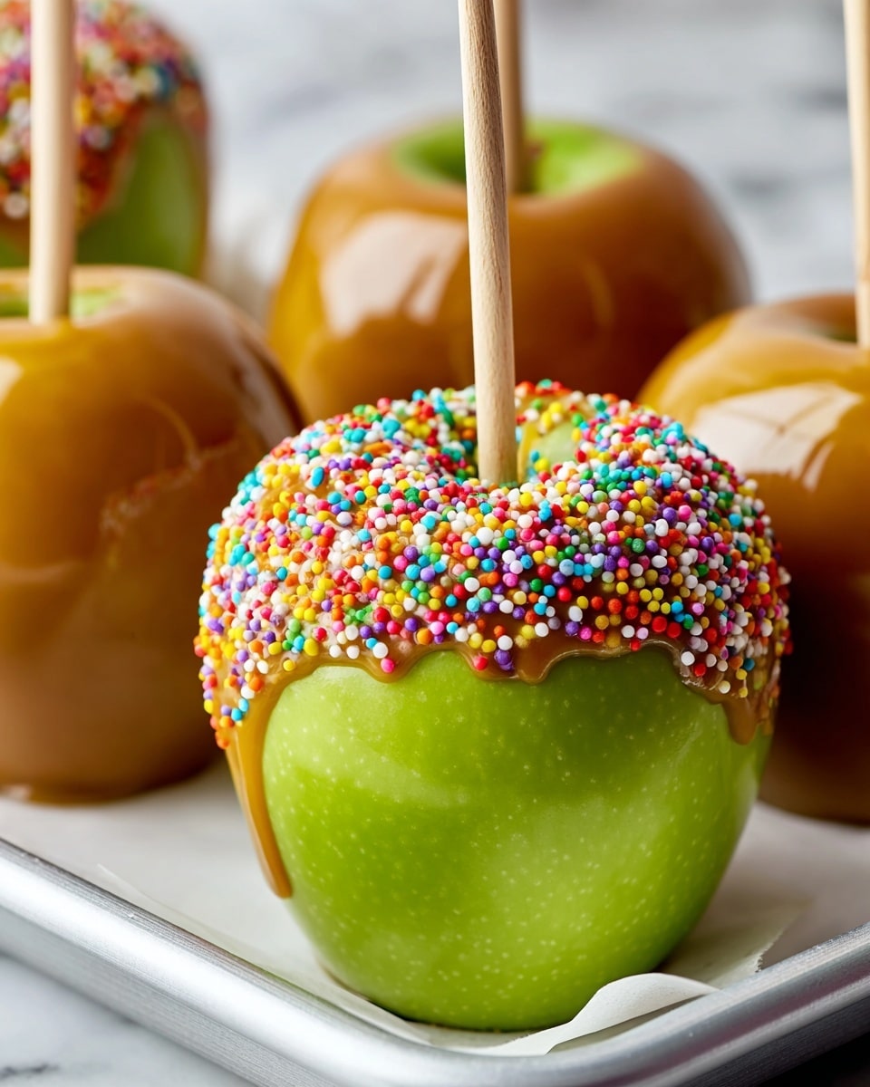 The image shows a metal tray with 10 green apples, three of which are dipped in shiny caramel coating and decorated at the base with different toppings: crushed nuts, colorful round sprinkles, and mini chocolate chips. Each apple has a wooden stick inserted at the top. Surrounding the tray are white bowls filled with various toppings including colorful round candy-coated chocolates, small chocolate chips, chopped orange and yellow candy, chopped nuts, small orange, yellow, and brown candy-coated chocolates, and multi-colored sprinkles. A white bowl near the top right corner contains smooth, glossy caramel sauce with some caramel drips on the side. The setup is placed on a white marbled surface. photo taken with an iphone --ar 4:5 --v 7