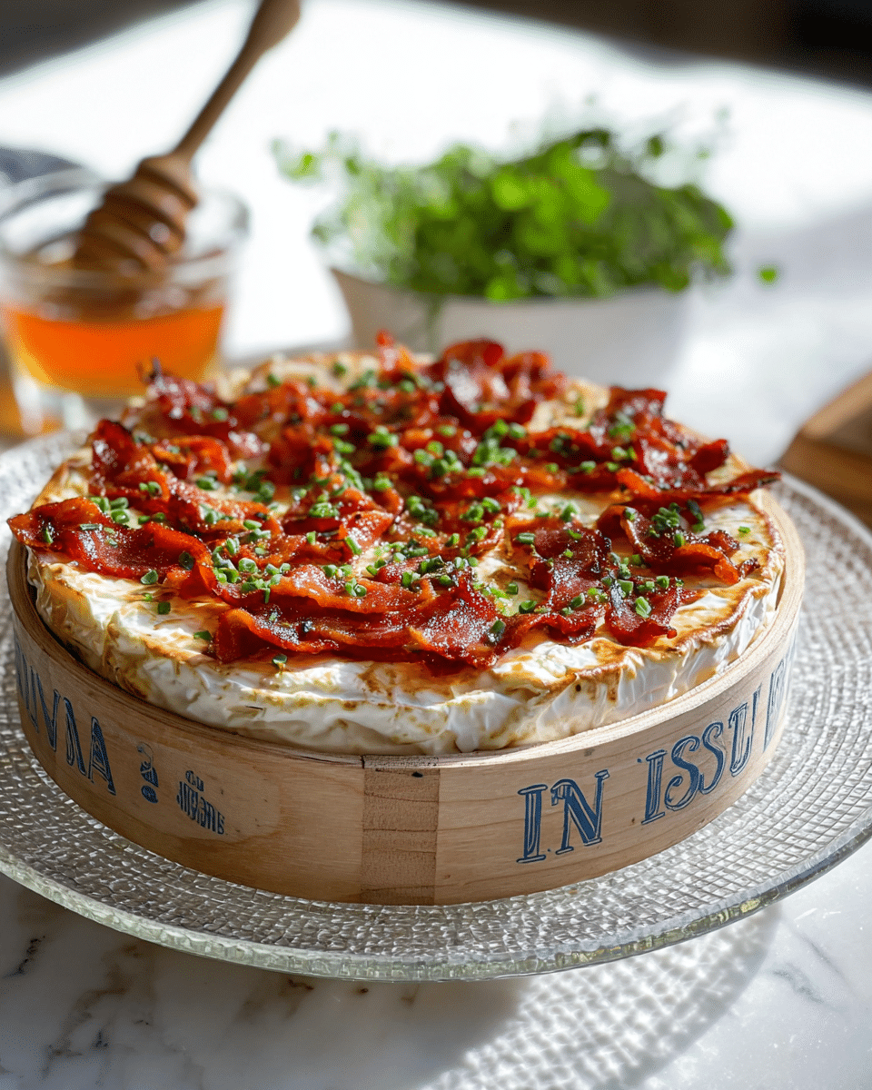 A round cheese wheel with a light tan rind sits in a wooden box with blue lettering around the sides. On top, crispy red bacon strips are scattered evenly, adding texture and color contrast. Small green chopped herbs are sprinkled generously across the bacon, giving fresh color spots. The cheese surface is creamy white and slightly melted beneath the toppings. This is all placed on a clear textured glass plate, which rests on a white marbled surface. In the blurred background, there is a white bowl with fresh green herbs and a glass dish with a wooden honey dipper full of honey. Photo taken with an iphone --ar 4:5 --v 7