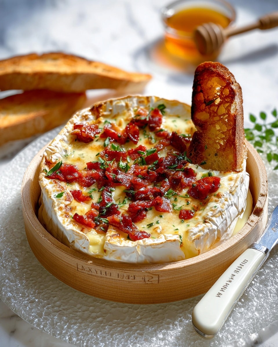 A round baked Camembert cheese sits inside its wooden box on a clear textured plate, placed on a white marbled surface. The cheese is creamy white with a slightly golden, melted top layer, covered with small dark pink pieces of crispy bacon and sprinkled with finely chopped green herbs. A long toasted bread slice with a golden-brown, crunchy texture is sticking upright into the melted cheese near the right side. A small butter knife with a white handle rests on the right edge of the plate. In the blurred background, there is a small glass bowl filled with honey and a wooden honey dipper. photo taken with an iphone --ar 4:5 --v 7