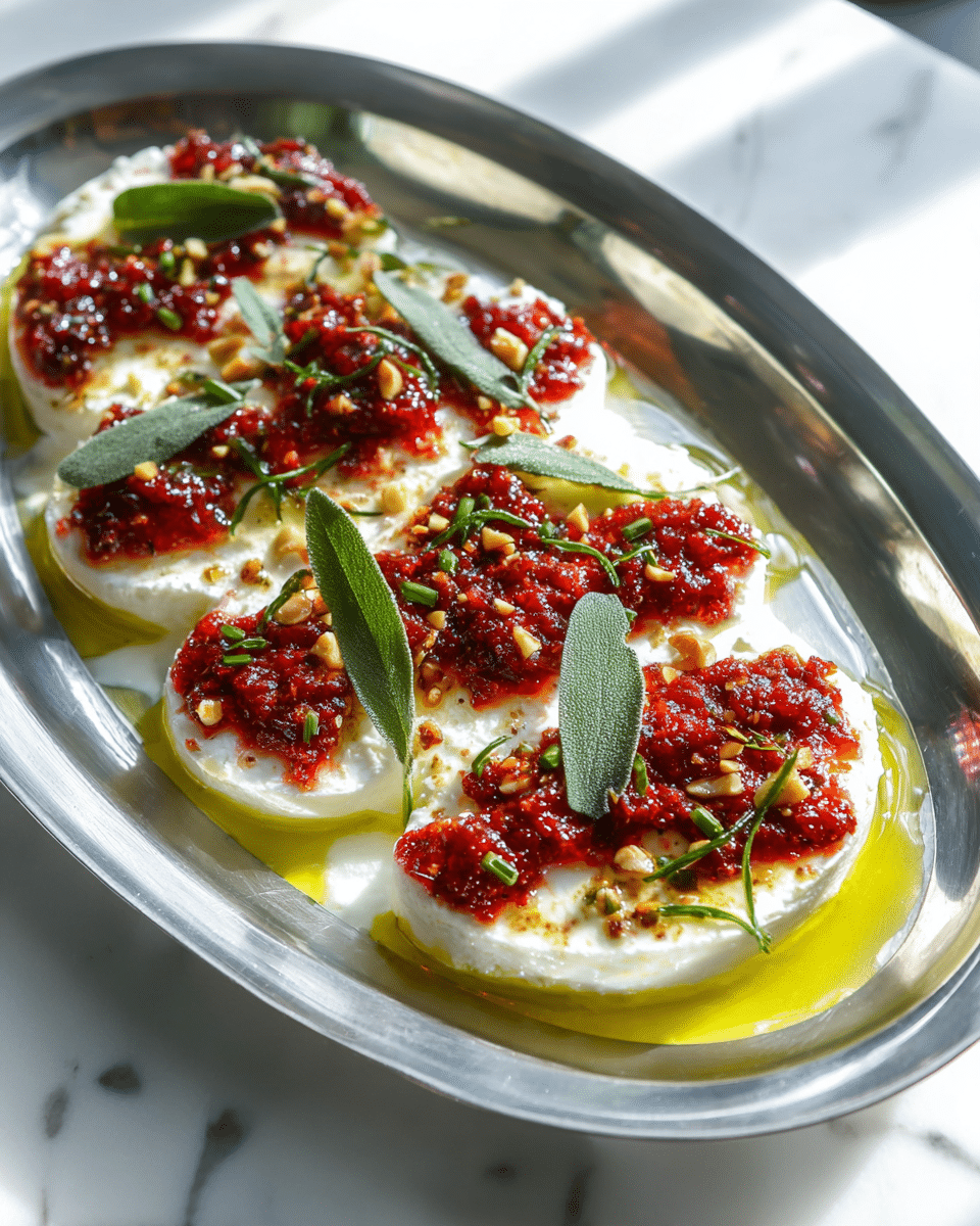 A shiny silver oval platter holds a dish with five round white layers of soft cream cheese spread evenly across the base. These white layers are topped with bright red dollops of a chunky sauce, sprinkled with tiny green chive bits and light brown chopped nuts scattered all over. Dark green fresh sage leaves are placed on top, adding a vibrant touch. The edges of the platter hold a pool of golden olive oil that shines under the light. The whole scene sits on a white marbled surface, with soft natural light highlighting the textures and colors of the dish. photo taken with an iphone --ar 4:5 --v 7