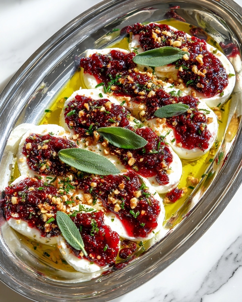 This dish is served in a shiny silver oval tray filled with a layer of golden olive oil at the bottom. On top are several smooth white cheese rounds placed closely in rows. Each cheese round is partially covered with thick, deep red berry or fruit jam, adding a rich dark contrast. Scattered across the top are small chopped nuts, finely chopped green herbs, and whole glossy green leaves that look like sage, adding texture and color variety. The shiny silver tray sits on a white marbled surface, enhancing the freshness and rich colors of the food. photo taken with an iphone --ar 4:5 --v 7