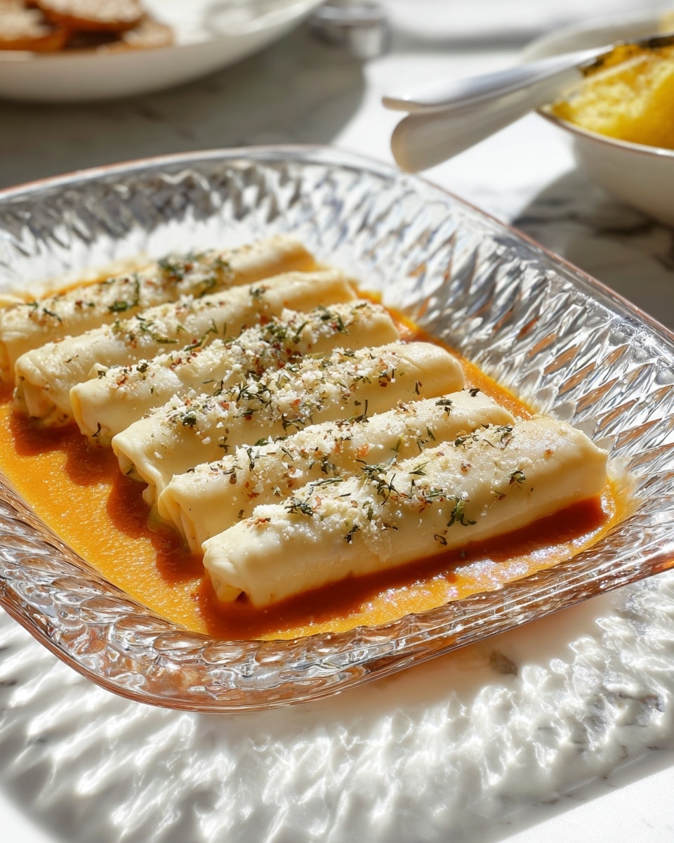 The dish shows six pale, creamy-colored rolled pieces lying parallel in a shallow, clear glass dish with a textured edge. Beneath them is a thick layer of smooth orange sauce that fills the dish's bottom and contrasts with the rolls on top. The rolled pieces are sprinkled with coarse salt and dried green herbs, adding small dark and white specks across their surfaces. The whole setup rests on a white marbled surface with soft, natural light creating reflections and shadows around the dish. In the blurred background, there is a white bowl with some yellow food and a white handled utensil. photo taken with an iphone --ar 4:5 --v 7