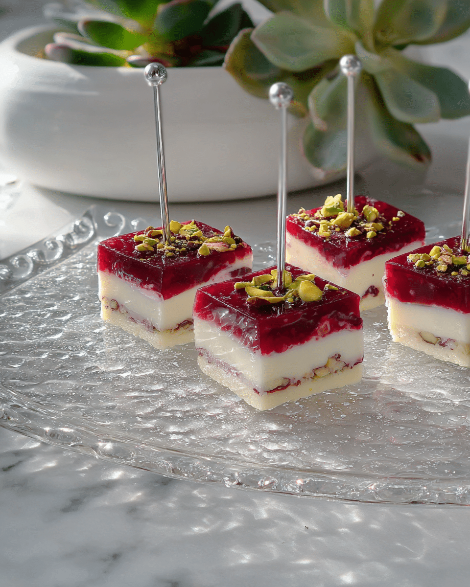 The image shows four small square layered desserts placed on a clear textured glass plate on a white marbled surface. Each dessert has four layers: the bottom and third layers are smooth and creamy white, while the second and top layers are a deep red jelly-like texture. The top red layer is sprinkled with chopped pistachio nuts. Each dessert has a thin silver stick pierced in the center for serving. In the background, there is a blurred white vase with a succulent plant and some green leaves. Photo taken with an iphone --ar 4:5 --v 7