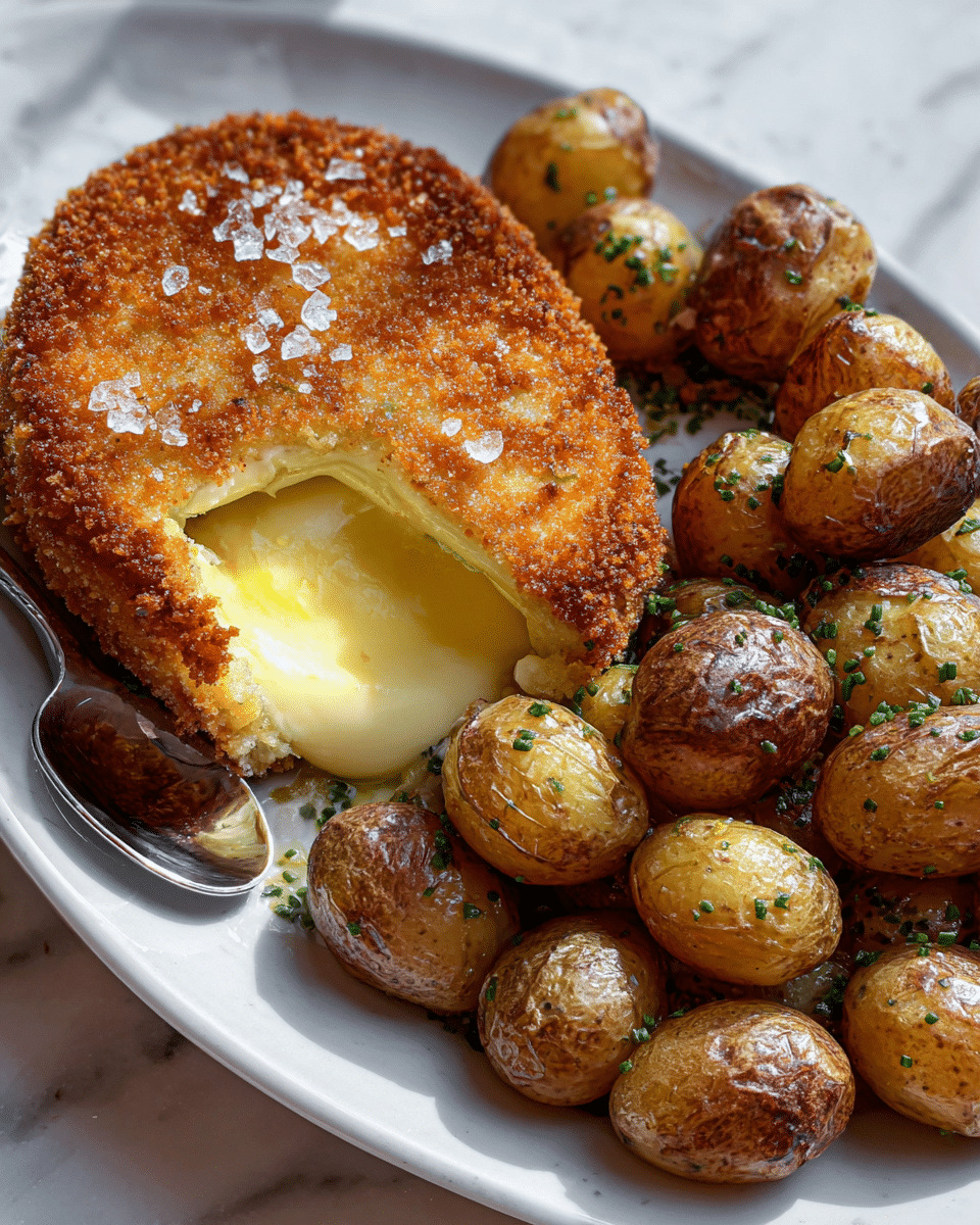 A white oval plate holds a golden brown breaded cheese round with a thick, crispy crust sprinkled with coarse salt flakes. The round is cut open, revealing a smooth, creamy yellow cheese inside with a small silver spoon resting in the cheese cavity. Surrounding the cheese round is a pile of shiny, roasted baby potatoes with browned, crispy skins, lightly sprinkled with finely chopped green herbs. The plate sits on a white marbled textured surface. photo taken with an iphone --ar 4:5 --v 7
